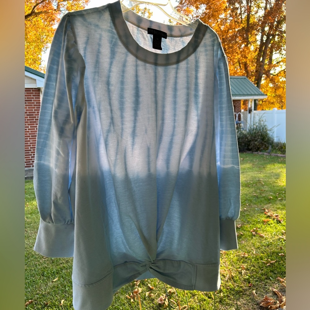 Tie-dye and ombre light blue and white women’s sweatshirt with ribbed cuffs